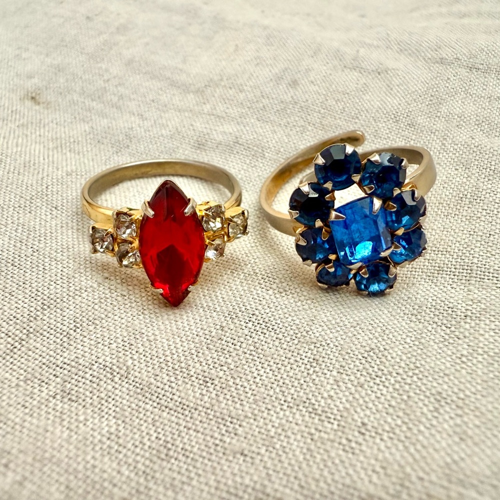 Gold-Tone Vintage Women's Fashion or Cocktail Rings with Red and Blue Stones